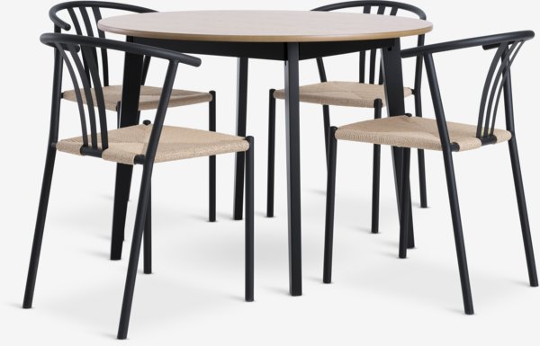 JEGIND Ø105 tafel eiken/zwart + 4 JYDERUP zwart/naturel