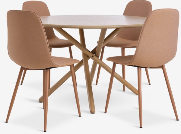 SKIBET D120 table light oak + 4 BISTRUP chairs dusty peach