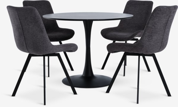 RINGSTED D100 table black + 4 HYGUM chairs grey