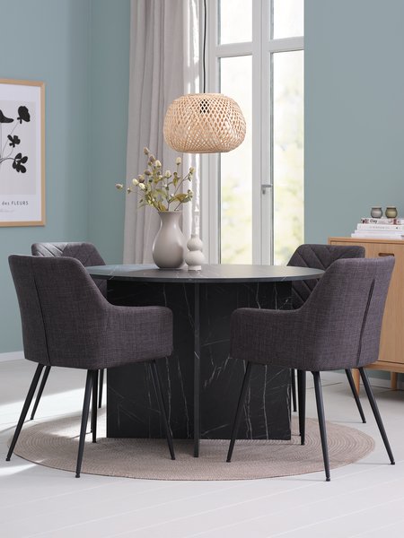 KRONDAL Ø110 tafel marmer + 4 PURHUS stoelen grijs/zwart