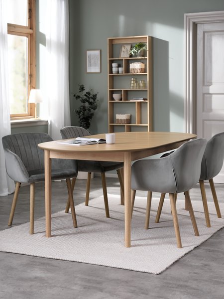 MARSTRAND L200/280 table oak + 4 ADSLEV chairs grey velvet