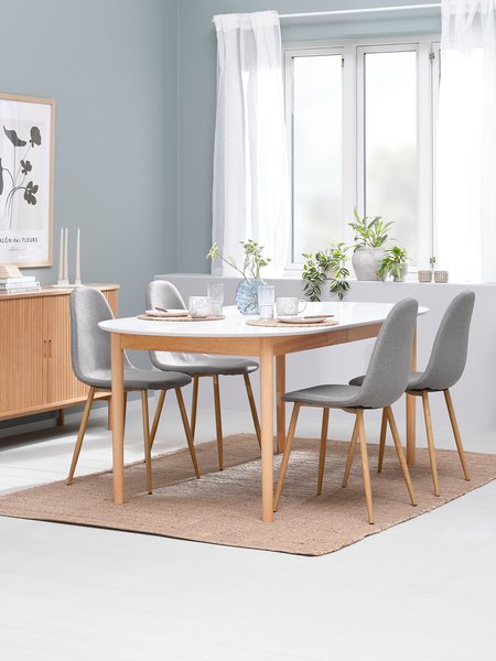 MARSTRAND L200/280 table blanc + 4 JONSTRUP gris/chêne