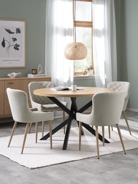 NORTOFT Ø120 tafel eiken + 4 BELLINGE stoelen zand/eiken