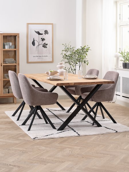 ROSLEV L200 table chêne naturel + 4 ROSTRUP sable/noir