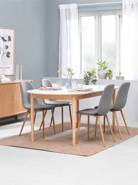 Table MARSTRAND L200/280 blanc + 4 chaises TINGLEV gris