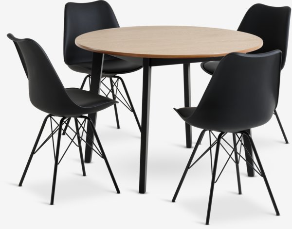 JEGIND Ø105 tafel eiken/zwart + 4 KLARUP stoelen zwart