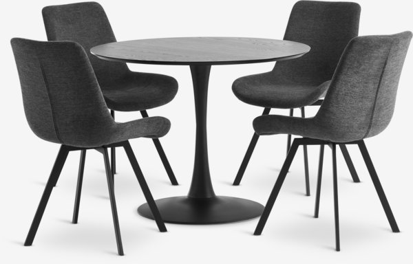 RINGSTED Ø100 tafel zwart + 4 HYGUM stoelen grijs