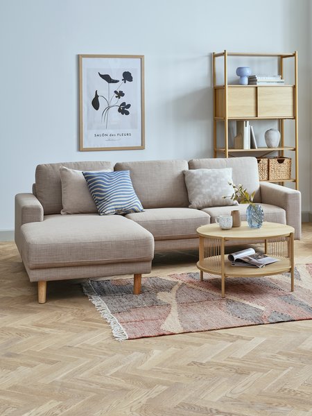 Sofa EGENSE chaise longue sand fabric/oak colour