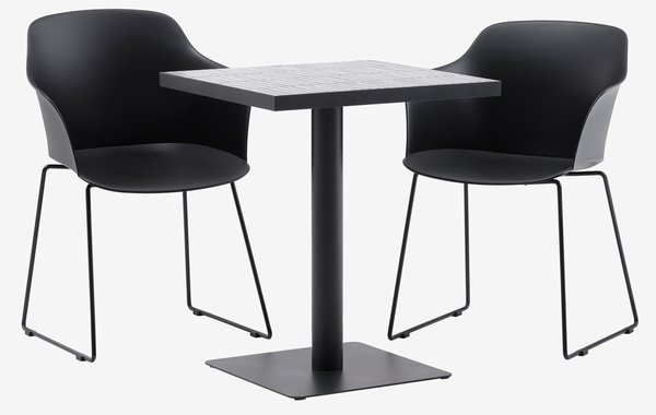 Table bistrot STENUNGSUND L60 gris + 2 chaises SANDVED noir