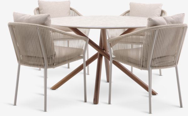 SANDVIG Ø120 tafel + 4 BRAVA stoelen beige