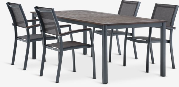 YTTRUP L210/300 table bois dur + 4 MADERNE chaises gris