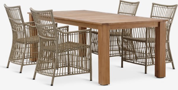 DRAMMEN L210 tafel teak + 4 FJELLERUP stoelen naturel