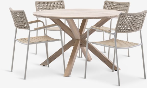 FUGLSAND Ø120 table bois dur + 4 AJSTRUP chaises beige