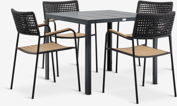 Table MADERUP L90 + 4 chaises AJSTRUP empilable noir