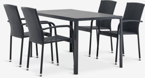 Mesa JERSORE L140 + 4 sillas HALDBJERG negro