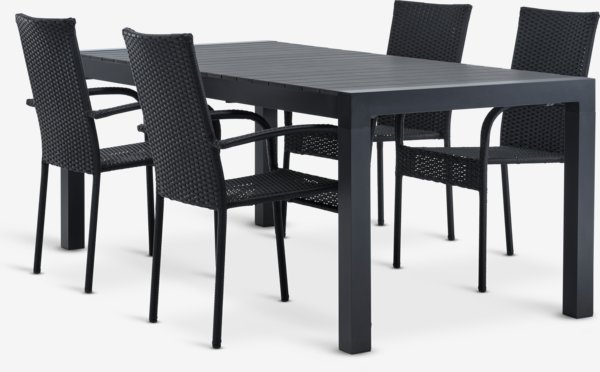 Table HESTEHAVE L205/275 + 4 chaises GUDHJEM empilable noir