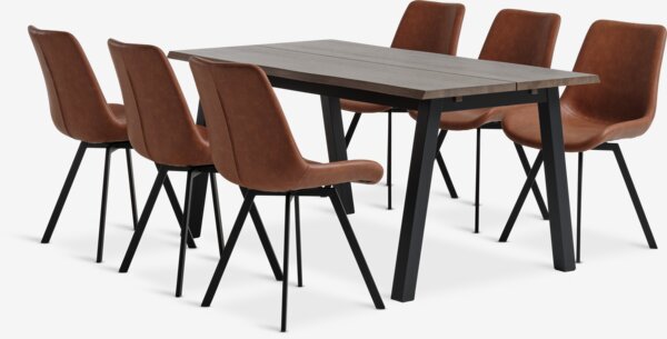 SKOVLUNDE L160 table chêne foncé + 4 HYGUM chaises cognac
