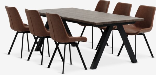 SANDBY L210 table chêne foncé + 4 HYGUM chaises cognac