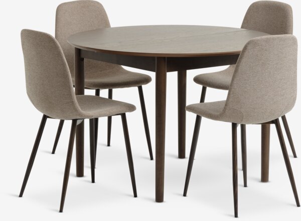 Table MARSTRAND Ø110 chêne foncé + 4 chaises JONSTRUP beige