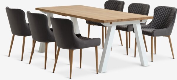 Table SKAGEN L200 blanc/chêne + 4 chaises PEBRINGE gris