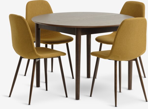 Table MARSTRAND Ø110 chêne foncé + 4 chaises JONSTRUP curry