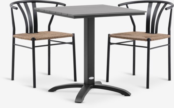 Table bistrot HOBRO L70 gris + 2 chaises TAGMARK noir