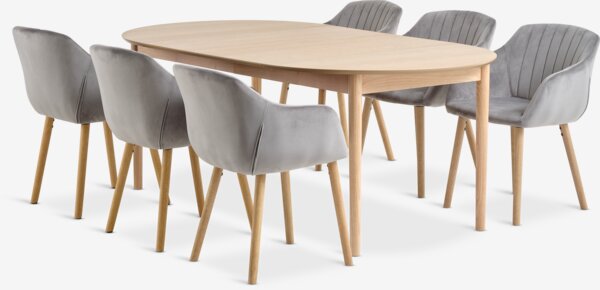 Table MARSTRAND Ø110 chêne + 4 chaises ADSLEV velours gris