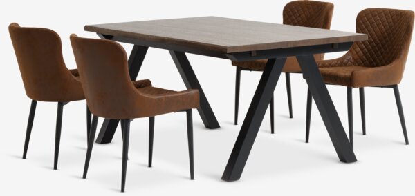 Mesa SANDBY L160 roble oscuro + 4 sillas PEBRINGE marrón