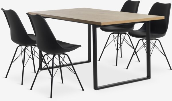 Table AABENRAA L160 chêne + 4 chaises KLARUP noir