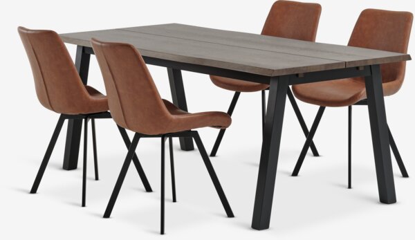 SKOVLUNDE L200 table chêne foncé + 4 HYGUM chaises cognac