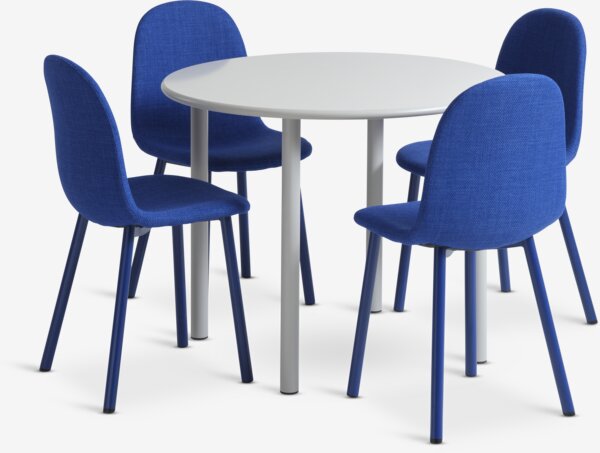 Table HANSTED Ø100 gris chaud + 4 chaises EJSTRUP bleu