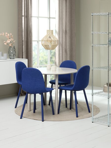 Table HANSTED Ø100 gris chaud + 4 chaises EJSTRUP bleu