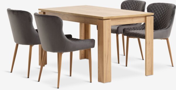 LINTRUP L140 table chêne + 4 PEBRINGE chaises velours gris