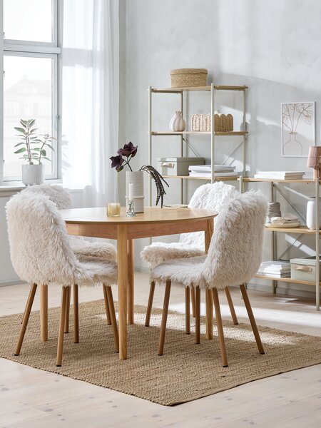 Mesa MARSTRAND Ø110 roble + 4 JONSTRUP felpa blanco crudo