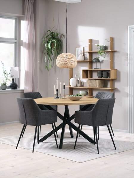 NORTOFT Ø120 stůl dub + 4 PURHUS židle šedá/černá