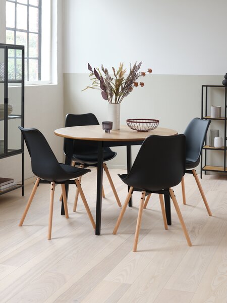 JEGIND Ø105 bord natur eik + 4 KASTRUP stol svart
