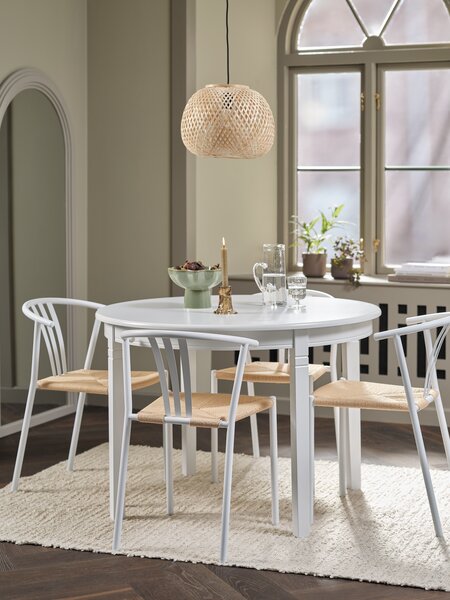 Mesa KIRKEBY Ø110 blanco + 4 sillas JYDERUP blanco/natural