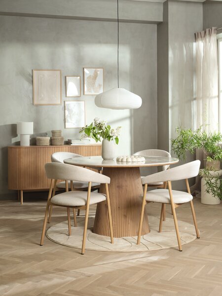 KLIPLEV Ø120 bord marmor-look/eik + 4 EJSING stol beige