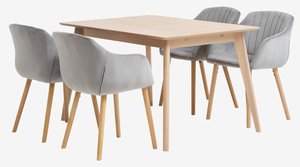 KALBY L130/220 table oak + 4 ADSLEV chairs grey velvet