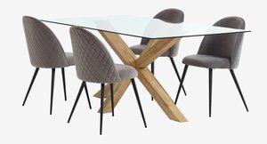 Table AGERBY L160 chêne + 4 chaises KOKKEDAL velours gris