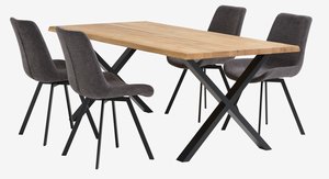 ROSKILDE/ROSLEV L200 natural oak + 4 HYGUM chairs grey