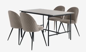 TERSLEV L140 bord + 4 KOKKEDAL stol grå fløyel