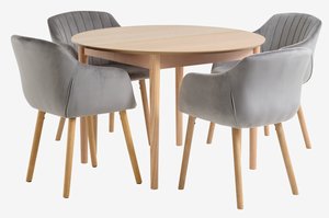 MARSTRAND Ø110 tafel eiken + 4 ADSLEV stoelen fluweel grijs