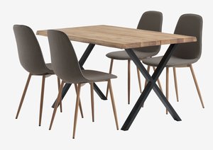 Table ROSKILDE L140 chêne naturel + 4 chaises BISTRUP olive