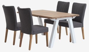 SKAGEN L150 table white/oak + 4 NORDRUP chairs grey