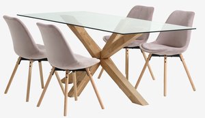 AGERBY L190 bord eik + 4 KASTRUP stol lyserød fløyel