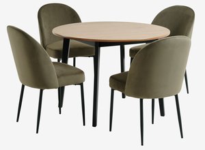 JEGIND Ø105 tafel eiken/zwart + 4 VASBY stoelen olijf
