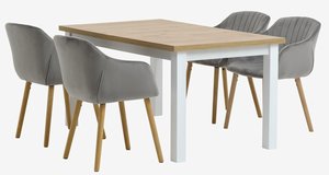 Mesa MARKSKEL L150/193 blanco/roble + 4 ADSLEV terciopelo