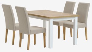 Mesa MARKSKEL L150/193 blanco/roble + 4 sillas TUREBY beis