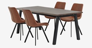 SKOVLUNDE L200 tafel donker eiken + 4 HYGUM stoelen cognac